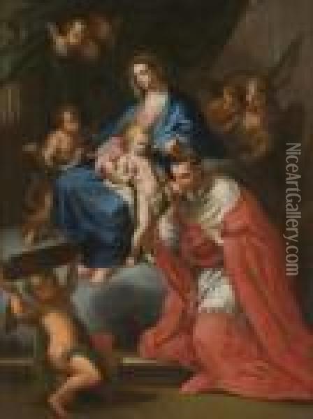 Madonna Con Bambino, San Giovannino, Angeli E San Carlo Borromeo Oil Painting - Sebastiano Conca
