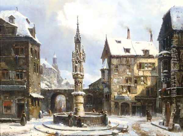 Winter a gothic fountain in a German town Oil Painting - Pierre-Henri-Theodore Tetar van Elven