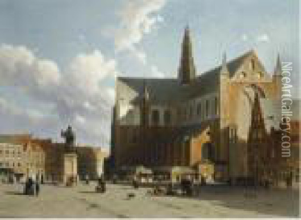 A View Of The Grote Markt With The Sint Bavo, Haarlem Oil Painting - Jan Weissenbruch