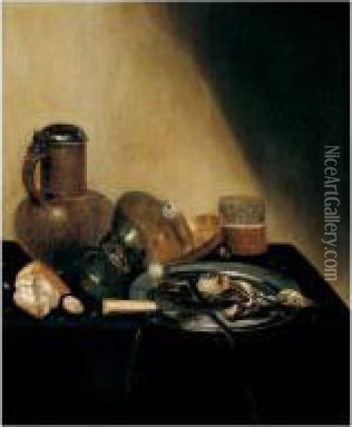 Still Life Of A Herring, An 
Onion And A Knife On A Pewter Dish, Together With An Upturned Roemer, A 
Candle Stick, A Glass, Bread And A Flagon, All Arranged Upon A Draped 
Table Oil Painting - Jan Jansz. Treck