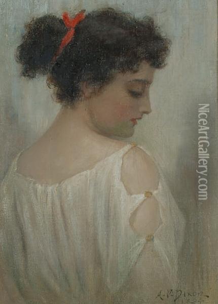 Portrait Of Young Woman With A Red Ribbon Tied In Her Hair Oil Painting - Arthur Percy Dixon