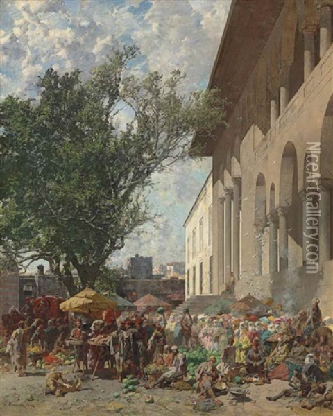 Mercato A Costantinopoli: A Busy Market In The Courtyard Of The New Mosque, Constantinople Oil Painting - Alberto Pasini