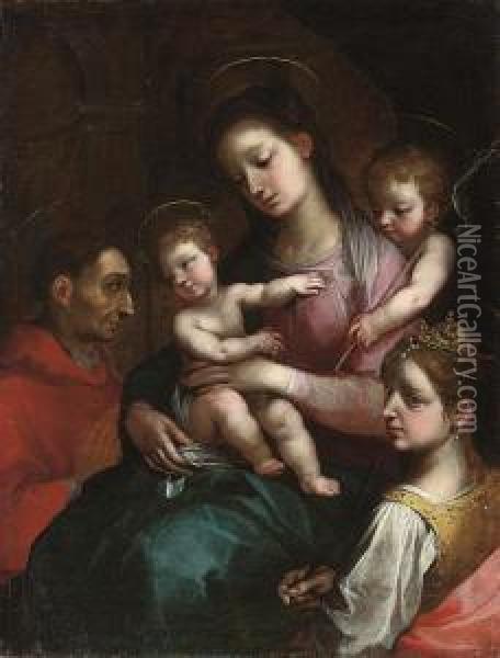 The Madonna And Child With The 
Infant Saint John The Baptist, Saintcharles Borromeo, And Saint Justina 
Of Padua Oil Painting - Francesco Vanni
