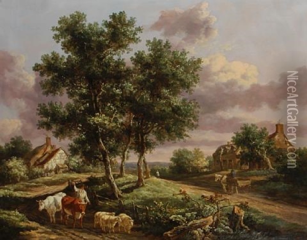 A Landscape With A Drover On A Path With Sheep And Cattle, Cottages And Travelers Beyond Oil Painting - Henry Milbourne