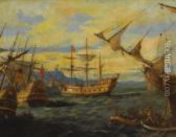 Royal Naval Battle Oil Painting - David Dellepiane
