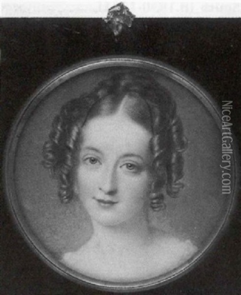 Mrs. Spencer Smith In White Dress, A Black Ribbon In Her Curled Brown, Hair Oil Painting - Mrs. Edwin (nee Magdalena Ross) Dalton