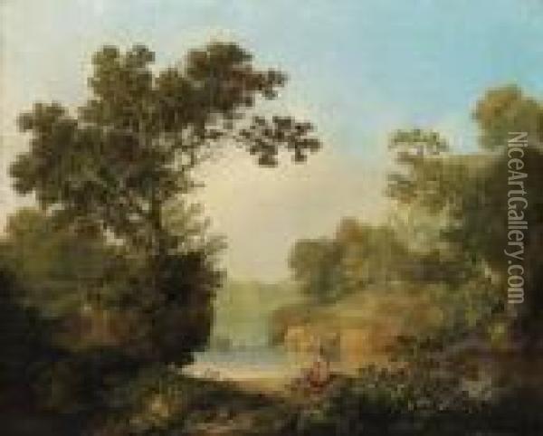 A Wooded River Landscape With Figures, A Cottage Beyond Oil Painting - George, of Chichester Smith