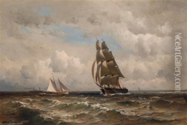 Brigantine, Schooner And Steamship At Sea Oil Painting - Mauritz Frederick Hendrick de Haas