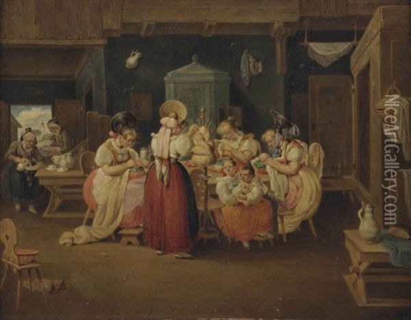 A Group Of Spinsters In An Interior Oil Painting - Johann Baptist Pflug