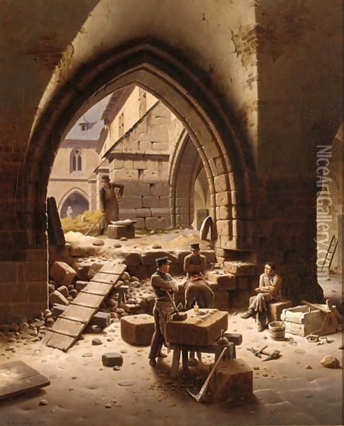 'Partie Den Kreuzgang Der Lieben Frauen Kirche Zu Halberstadt' Oil Painting - Carl Georg Adolph Hasenpflug