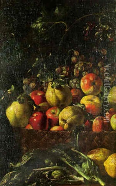 Still Life With Fruit In A Basket On A Table Oil Painting - Michelangelo di Campidoglio