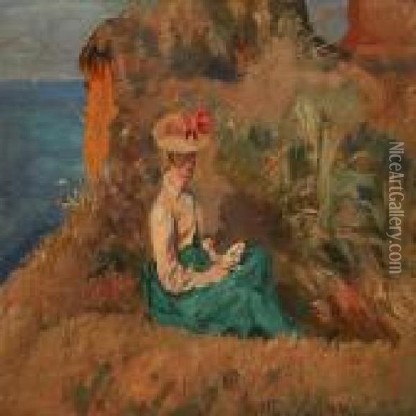 Coastal Scene With A Reading Woman Oil Painting - Viggo Christian Frederick Pedersen