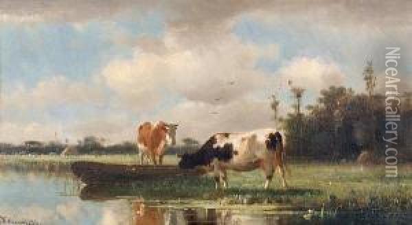 Cattle Watering At A Stream Oil Painting - Cornelis I Westerbeek
