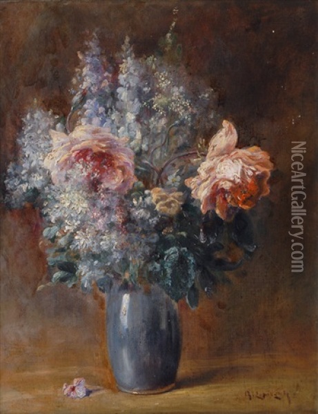 Flower Still Life In A Blue Vase Oil Painting - Antonio Georges Lopisgich