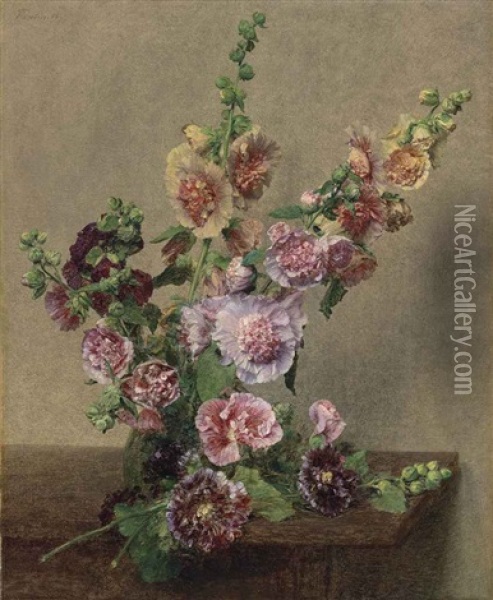Roses Tremieres Oil Painting - Henri Fantin-Latour