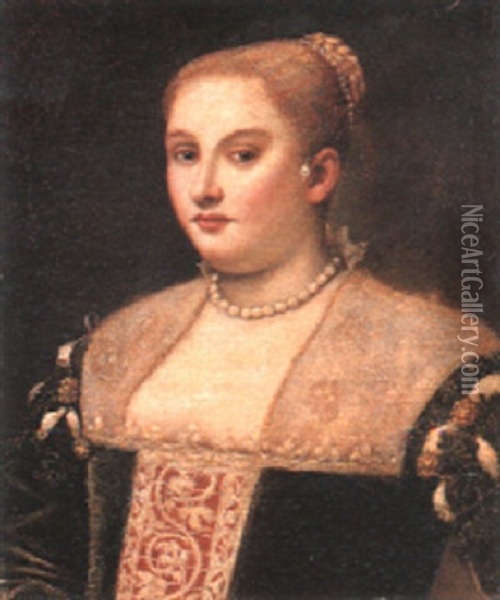 Portrait Of A Lady, Bust Length, Wearing Green Velvet Dress Oil Painting - Francesco Montemezzano