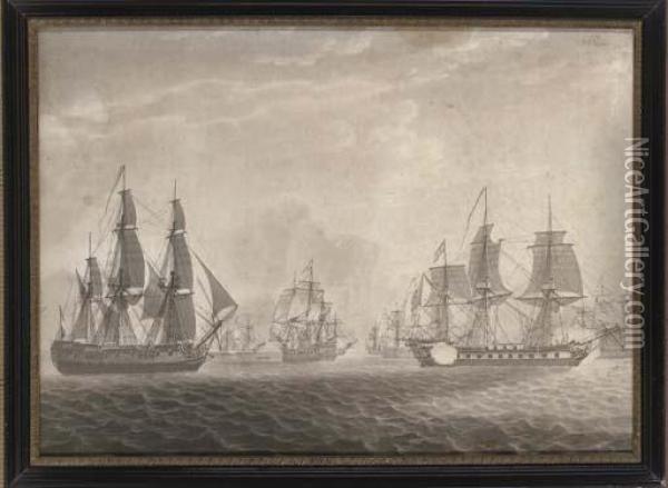 East India Company Ship General 
Goddard, Capturing Seven Dutch East Indiamen Off St Helena, 14th June, 
1795, By R. Pollard Oil Painting - Thomas Luny