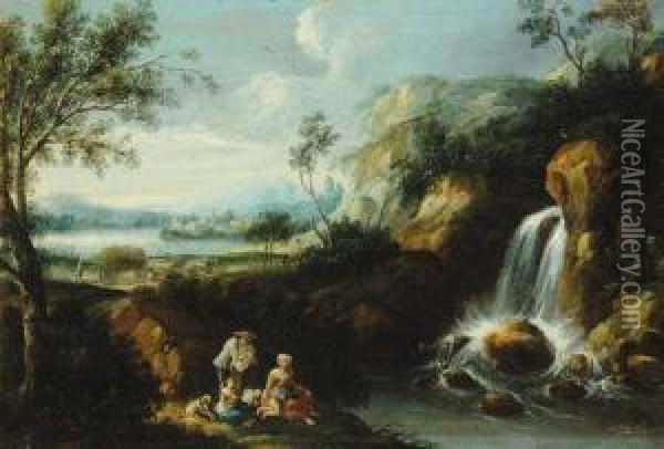 Paesaggio Fluviale Con Cascata E Figure Oil Painting - Gaetano Zais