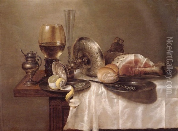 A Still Life Of A Roemer, An Overturned Silver Tazza, A Flute, Pewter Plates, A Partly Peeled Lemon, A Bread Roll And A Ham Oil Painting - Willem Claesz Heda