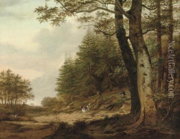 Hunters On The Edge Of A Forest Oil Painting - Johan Christiaan W. Safft