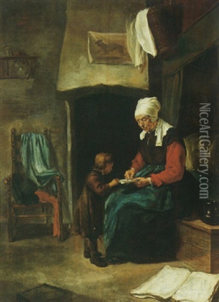 A Domestic Interior With An Old Maid Teaching A Young Boy To Read Oil Painting - Esaias Boursse