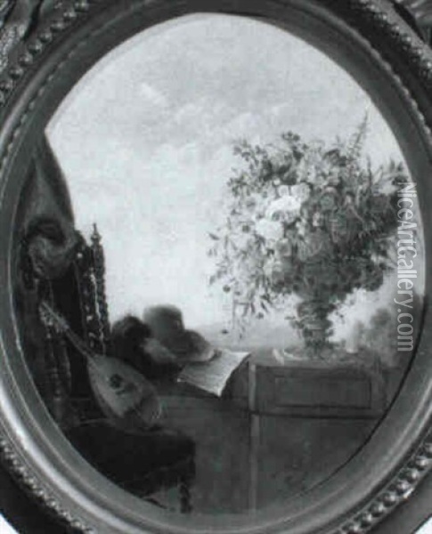 Flowers In A Vase, A Hat On A Balustrade And A Lute On A Chair Oil Painting - Alida Elizabeth van Stolk