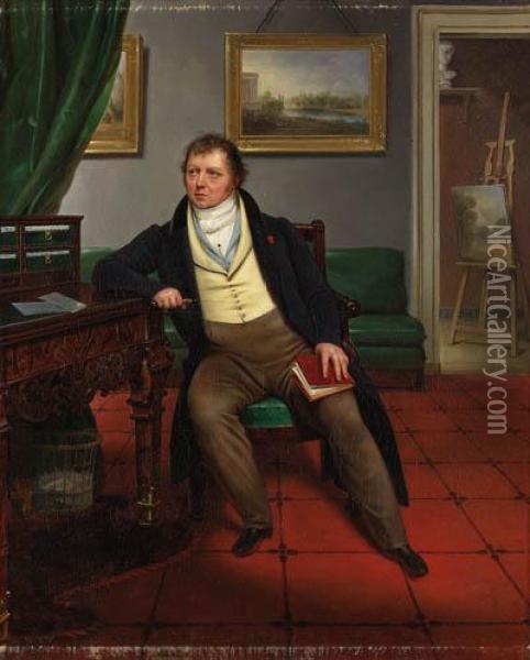 Portrait Of The Artist, Seated Full-length, In An Interior, Holdinga Book And A Porte-crayon, A Landscape Painting On An Easelbehind Oil Painting - Alexandre-Franois-Louis Comte De Girardin
