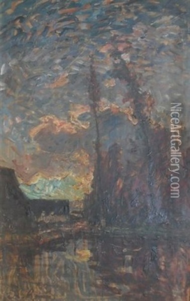 Paysage Au Couchant, Effet De Soleil Devant La Ferme (recto/verso) Oil Painting - Auguste Francois Ravier