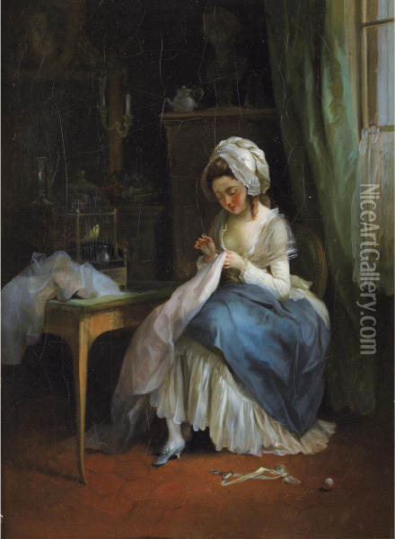 Jeune Fille Brodant Dans Un Interieur Oil Painting - Jean-Francois Garneray