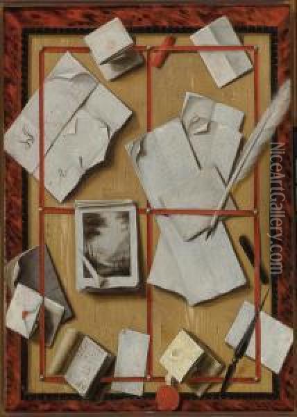 A Trompe L'oeil Still Life With Letters Oil Painting - Wallerand Vaillant