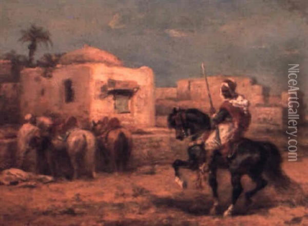 Arab Horseman Approaching A Village Oil Painting - Adolf Schreyer