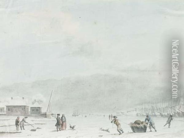 An Extensive Landscape With Figures Fishing And Skating On The Iceby A Frozen Port Oil Painting - Hendrik Pothoven