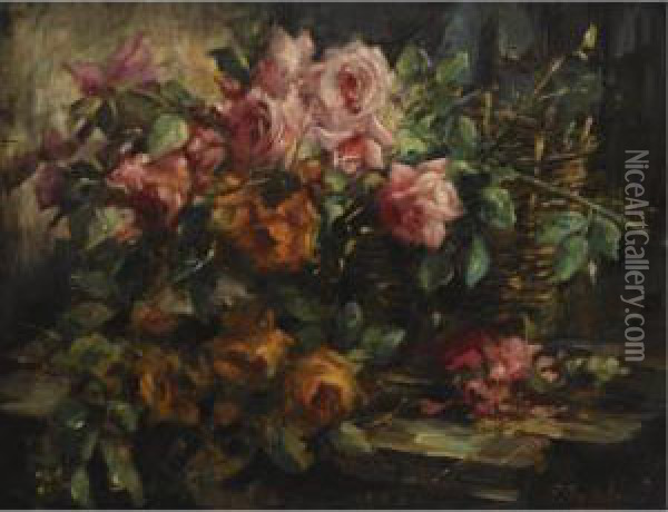 Stil Life With Roses In A Basket Oil Painting - Frans Mortelmans