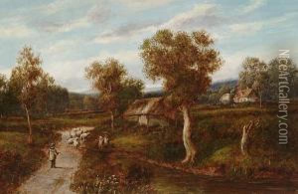 Sheep With A Shepherd On A Country Lane, With Figures Before A Barn Oil Painting - Harry Thompson