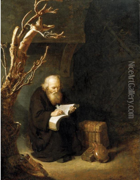 A Hermit Writing In His Book Oil Painting - Abraham de Pape
