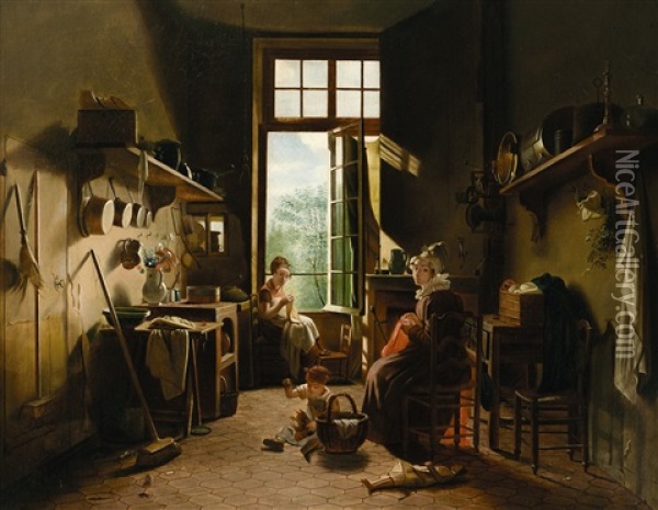 Mutter Mit Zwei Kindern In Der Kuche Oil Painting - Martin Droelling