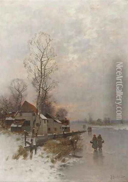 Walking home on a winters day at dusk Oil Painting - Johann Jungblutt