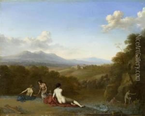Nymphs After The Hunt In A Mediterranean Landscape Oil Painting - Jan van Haensbergen