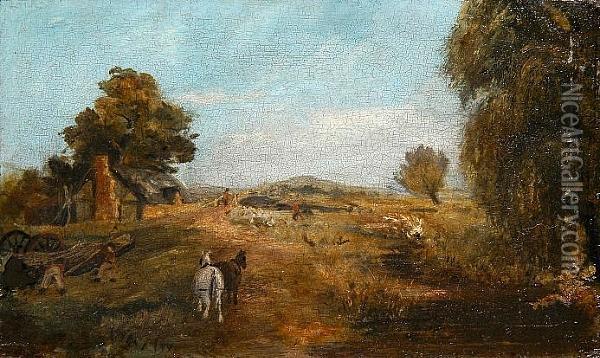 Farmworkers And Their Horses By A Thatched Cottage Oil Painting - Thomas Gainsborough