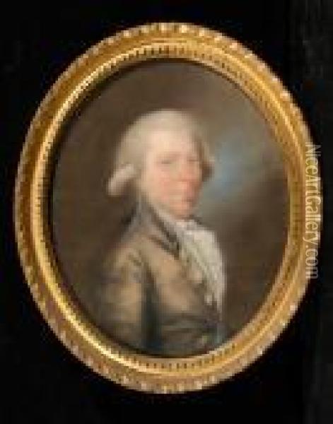 A Portrait Of A Gentleman, Bust 
Length With Powdered Hair, Grey Jacket And Blue Waistcoat Oil Painting - Hugh Douglas Hamilton