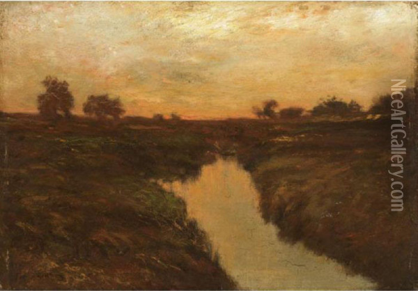 River Sunset Landscape Oil Painting - Edward B. Gay