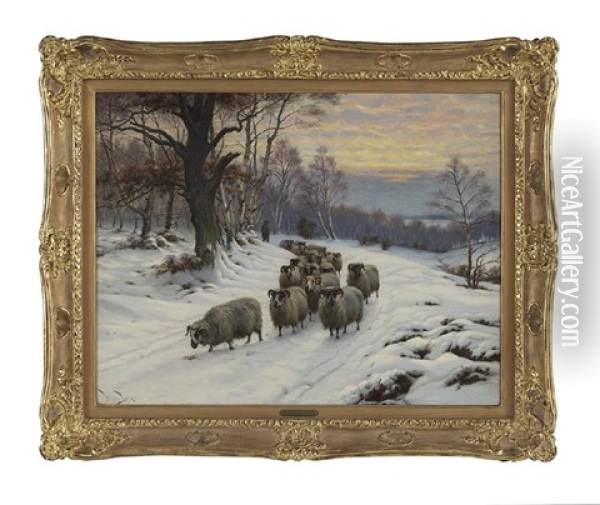 Winter Twilight Landscape With Shepherd And Flock On A Snow-covered Path Oil Painting - Wright Barker