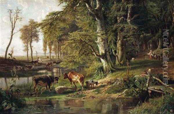 Grazing Cattle By A Woodland Stream Oil Painting - Paul Joseph Constantin Gabriel