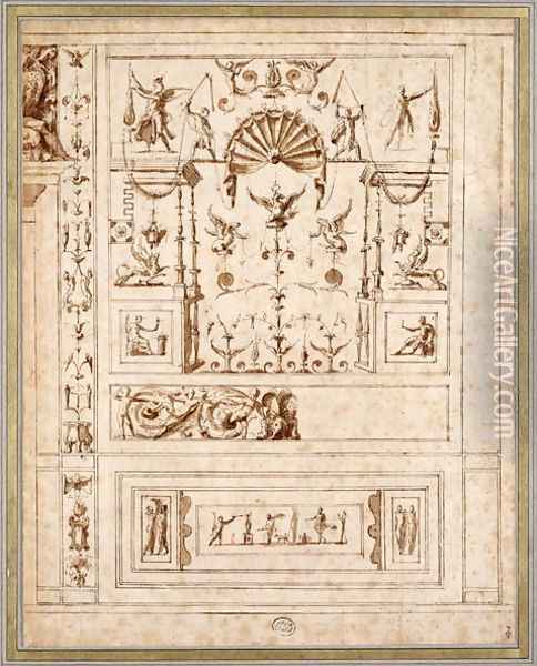 Design for a mural decoration with grotesques for the Cagliostra of the Castel Sant Angelo in Rome, c.1544 Oil Painting - Perino del Vaga (Pietro Bonaccors)