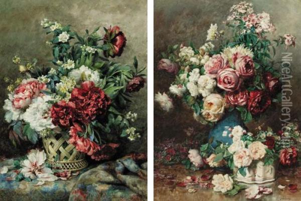 A Vase Of Roses; And A Basket Of Flowers Oil Painting - Francois Rivoire