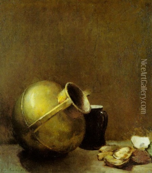 Still Life With Oysters And Brass Jug Oil Painting - Emil Carlsen