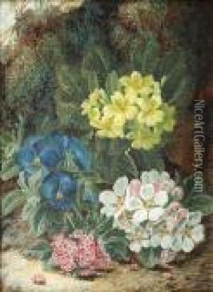 Primroses And Other Spring Flowers On A Mossy Bank Oil Painting - Oliver Clare