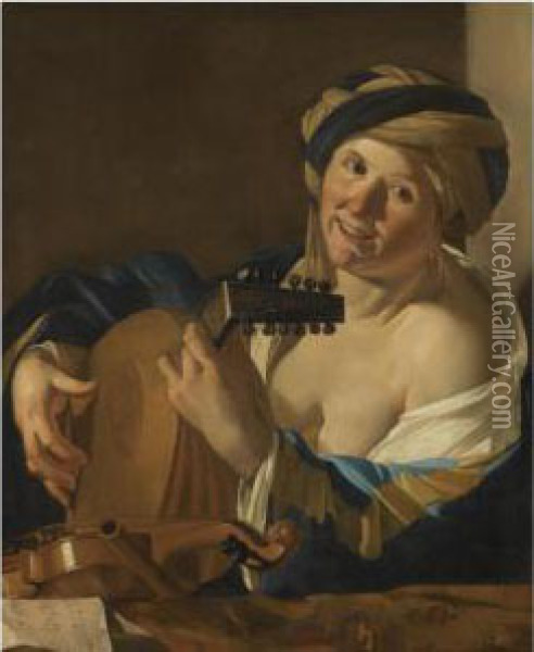 A Woman Playing The Lute Oil Painting - Dirck Van Baburen