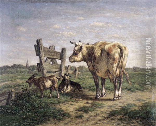Een Koe En Twe Geiten In Een Weide Oil Painting - Johan Nicolaas Van Lokhorst