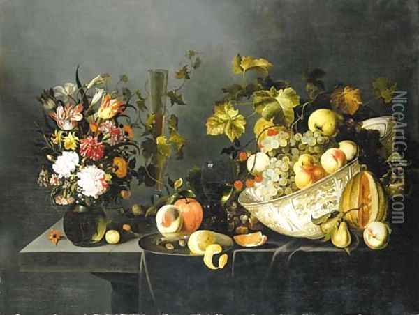 Tulips, carnations and other flowers in a vase, grapes and peaches in a porcelain bowl, with glasses of wine, a peeled lemon on a dish and other fruit Oil Painting - Michiel Simons